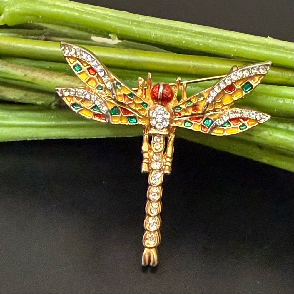 Vintage Unsigned Gold-tone Colored Enamel Rhinestones Dragonfly Brooch 13g.